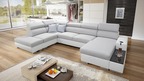 IM SOFA PERS VI Wohnlandschaft U-Form Ecksofa mit Schlaffunktion Bettkasten Couch Wohnzimmer freistehend verstellbare Kopfstützen 3 Dekokissen (Hellgrau Luxo + Weißes Kunstleder, Rechts)