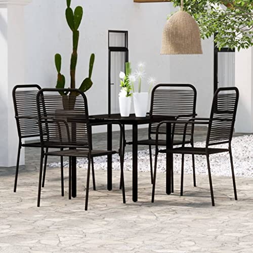 JHQHSM Set da pranzo da giardino nero con telaio in acciaio verniciato a polvere e piano in vetro temperato per terrazza e cucina, mobili da esterno durevoli con corda di cotone ritorto