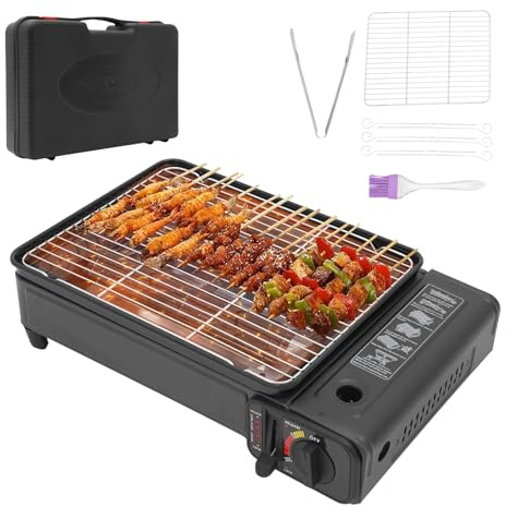 2.2kw Tragbarer Camping Grill, 42x26x11cm Tischgrill Gas, 160g/Stunde BBQ Gasgrill, Outdoor Gaskocher Klein, Gasherd Set mit 2 Grillgitter, Tragetasche, Bürste, Lebensmittelklemme und 6 Bratnadeln