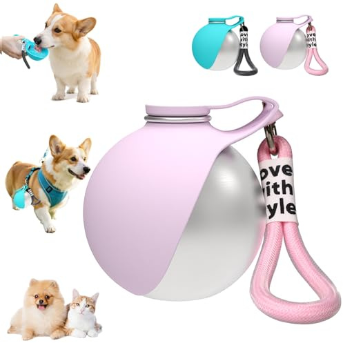 Trinkflasche Hunde für Unterwegs, 285ml Hundetrinkflasche Edelstahl (Rosa) | Tragbare Wasserflasche To Go Auslaufsichere mit Faltbarem Silikonnapf für Klein Hunde Katzen zum Reise Camping