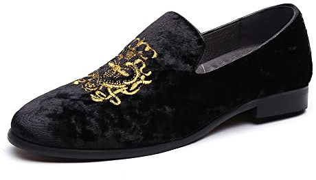 FLQL Velvet Embroidery Noble Loafer Shoes Slip-On Loafer Smoking Slipper Size 10 Black