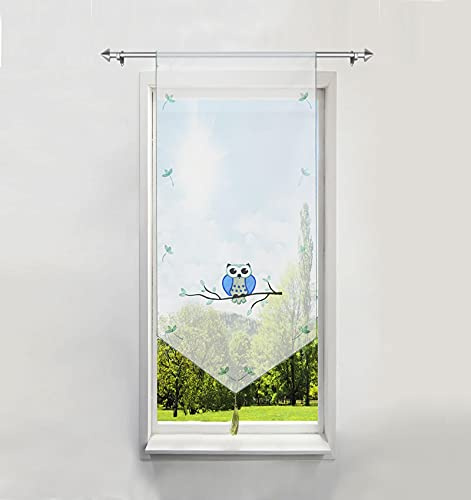 BAILEY JO Bildergardine mit Eule Stickerei Raffrollo Voile Transparent 1er-Pack Gardine (Blau, BxH 60x120cm)