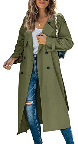Makkrom Women's Double Breasted Long Trench Coat Windproof Classic Lapel Slim Overcoat with Belt