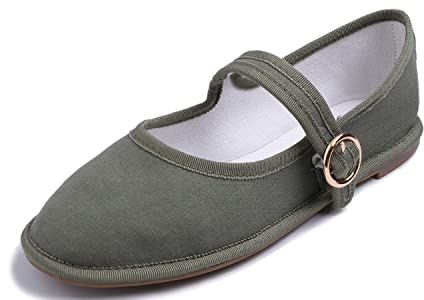 Feversole Women's Mary Jane Fashion，Scarpe Basse Classiche da Donna Décolleté Eleganti Mary Jane con Fibbia Morbida Scarpe da Ballo per Balletto per Donna Tela Cachi Verdi 41
