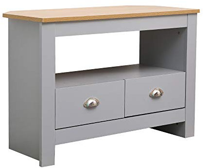 Homeke Wooden Corner TV Stand Cabinet Entertainment Unit Small Media Stand with 2 Drawers and Shelf for Living Room,Bedroom (grey and oak)