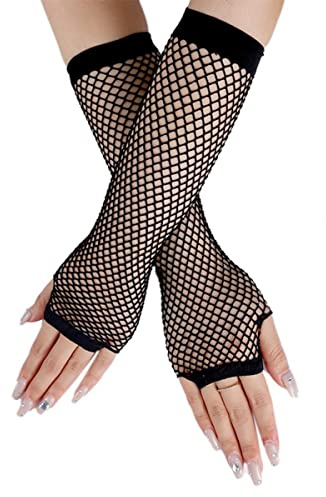 SamHeng Long Fishnet Gloves, Black Fingerless Arm Warmers Mesh Fancy Dress Gloves, Fancy Dress Punk Accessory for Women Girls Kids 80s Costume Evening Party Supplies Tutu Rave Hen Night