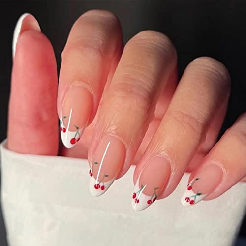 RUNRAYAY 24Pcs cherry Press on Nails Medium, Almond Fake Nails with Designs, French tips Glossy Ballerina Acrylic Nails Press on for Women Girls