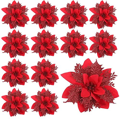 12 Pieces 5.5 Inches Large Red Christmas Flower Poinsettia Artificial Flowers Xmas Decorations Wreaths DIY Supplies