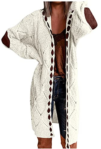 Cardigan da donna lungo con cappuccio, giacca a maglia grossa da montagna, a maniche lunghe, oversize, cardigan a treccia, cardigan leggero da donna, bianco, L