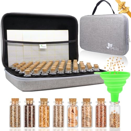 SMUJU 【80 Slots】 Seed Storage Organizer, Sturdy Seed Organizer Storage Box with Dual Zipper Bag and 84Pcs Label Stickers, Glass Seed Storage Container for Flower Vegetable Plants Garden Seeds Saving