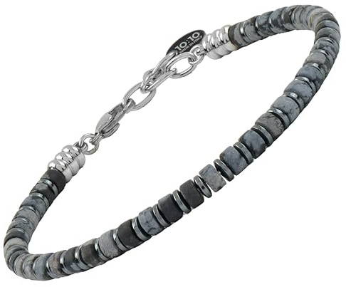 10:10 Bracelet homme pierres dures naturelles 4 mm, rondelles hématite acier, réglable, fabriqué en Italie