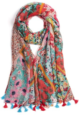QIUTIMIY Schals für Damen Dünn Blumenmuster Bunte Schals und Tücher Halstuch mit Quasten für Frühling Sommerschal(Blume-Red SBlue)