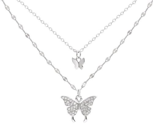 KFRS 925 Sterling Silver Butterfly Necklace for Women Double Layer Clavicle Chain Shiny CZ Necklace Dainty Gifts Party Jewelry Gift