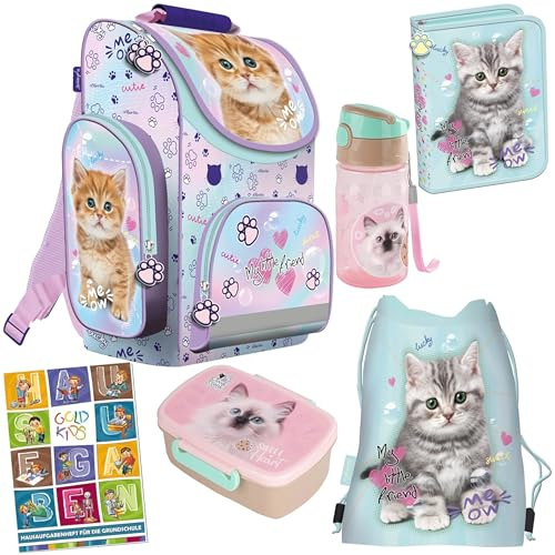 Goldkids - Schulranzen für Jungen und Mädchen, 6er-Set - Schul-Rucksack für Kinder mit Federmäppchen - Schuhbeutel und Hausaufgabenheft - Katze Motiv - 1-3 Klasse