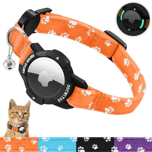 MASERFOLA Katzenhalsband Airtag mit leuchtendem Apple Air Tag Halter, Sicherheitsverschluss & Elastischer Gummiband, Katzenkratzmuster-Design, Verstellbar Halsband Katze (Orange, 20-30cm)