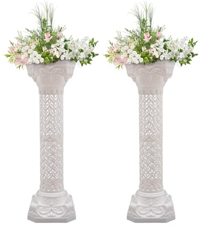 sjcdicnj Greek Roman Square Pillar Column with Stand, White Wedding Roman Column Pillars Set, Pedestal Holder Base for Wedding Tables, Indoor/Outdoor Patio (2 pcs)