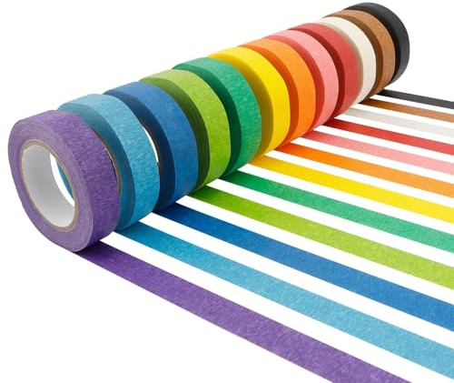 veyaltedl Coloured Masking Tape,12PCS Multi-colored Masking Tape Adhesive Tape Pressure Sensitive,Craft Tape Painting Adhesive for DIY Scrapbooking Crafts,Teacher Textured for Classroom Decorations