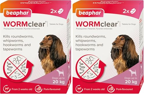 Beaphar WORMclear Tablets for Dogs, Kills all Common UK Intestinal Worms (Roundworms and Tapeworms), Vet Strength Treatment, Pork-Flavoured, 2 Tablets, Up to 20 kg (Pack of 2)