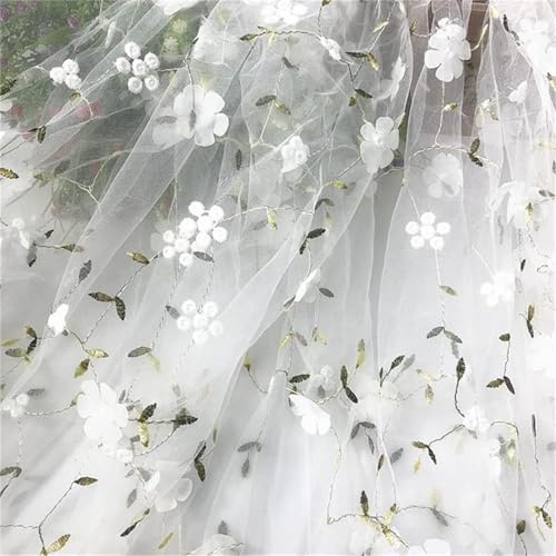 35x51 Tüllstoff Meterware Blumenstickerei Netzspitze Stoff Weicher Tüll Spitzenstoff für DIY Kleidung Kleid Design Damen Kleid Hochzeitskleid Vorhang Dekor (Weiß, 1 Yard (90 x 130 cm))