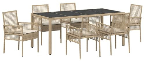 vidaXL Rectangular Outdoor Dining Set - Tempered Glass Top - PE Rattan & Steel Frame - Seats 6 - Beige/Cream