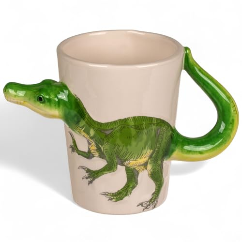 MIJOMA Dinosauriemugg set – 3D-handtag mugg av dolomit, ca 300 ml, barnkopp med dino-motiv, handmålad, keramikkopp för pojkar och flickor (velociraptor)