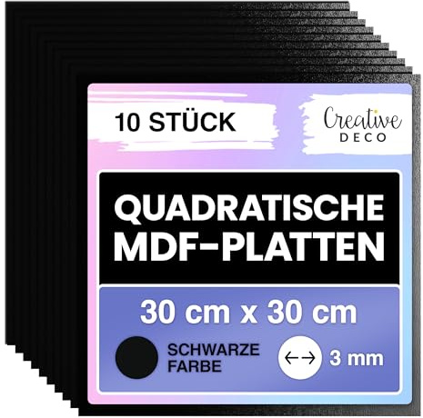 Creative Deco 10 x Svarta Fyrkantiga MDF-paneler 300 x 300 x 3 mm | tunna träpaneler lackerade på ena sidan | perfekt för laser | CNC-router | modellering | lövsåg