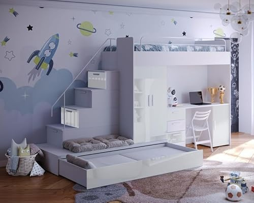 Generisch Hochbett mit Schreibtisch TOMI 5, Schrank, Treppe und Gästebett in Hochglanz (Weiß + Weiß, Glanz, Ohne Matraze und Matrazenrahmen)