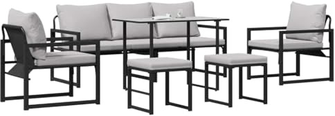 vidaXL Gartensofa-Set mit Kissen 6 pcs Schwarz Stahl, Stylische Garten- und Terrassenmöbel, Moderne Loungesets, wetterfester Sofabereich für draußen