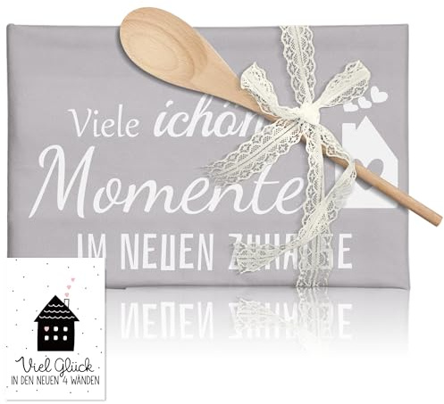 Sranin Geschenk zum Einzug – Geschirrtuch mit Holz-Kochlöffel, Grußkarte & Dekoband – Neues Zuhause, Wohnung & Umzug Geschenkidee (C)