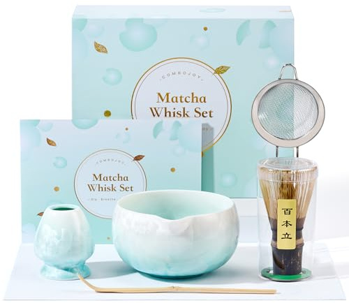 ComboJoy Matcha Whisk Set, 6PCs Japanese Matcha Kit with Blue Crystalline Glaze Matcha Bowl, Purple Bamboo Whisk, Scoop, Sifter & Tea Towel –Birthday Christmas Gifts for Women Mom Her