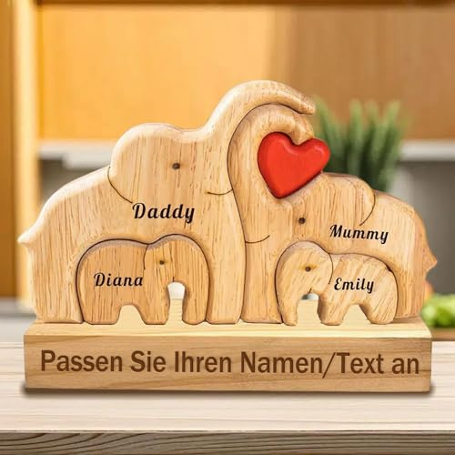 Personalisiertes Holzpuzzle mit Bärenfamilie individueller Name mit 2-7 Familiennamen Tierische Dekorationsornamente personalisierte Geschenke für Mama Papa Muttertag Geburtstag Jahrestag (Elefant)
