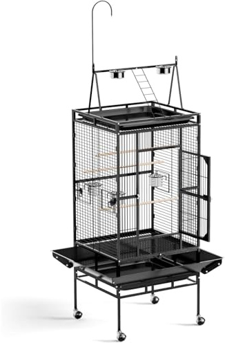 LEADZM Vogelkäfig mit Spielplatz Oben, vogelkäfig groß für Papageien und Sittiche, Oben gibt es Treppen und doppelte Futternäpfe, Robust mit 5 Futterstellen, 83 x 78 x 210 cm