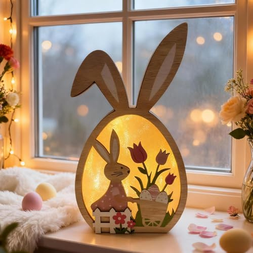 Ferakum Osterdeko Holz Hase mit LED Licht, Ostern Deko Hasen Figuren Tisch zum Hinstellen, Frühlingsdeko Osterhase Holz Lampen, LED Osterhase Deko Ornament für Osterdeko Frühlingsdeko, Oster Geschenk