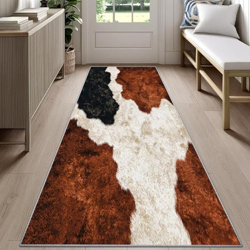 Cowhide Runner Rug for Entryway 60x180cm Rustic Cow Print Runner Rug for Hallway, Western Cowhide Long Hall Carpet, Non-Slip Carpet for Kitchen Laundry Room Bedroom