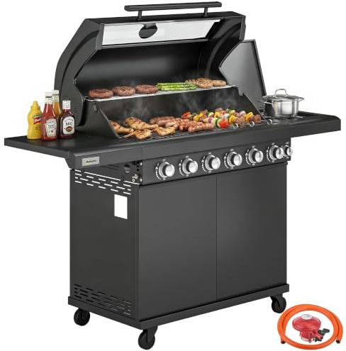 Outsunny 6+1 Burner Gas BBQ Grill 20.5 kW Outdoor Barbecue Trolley Black | Wheels, Portable, Warming Rack, Built-in Thermometer, Side Shelves, Cabinet, Bottle Opener, Lid with Viewing Window