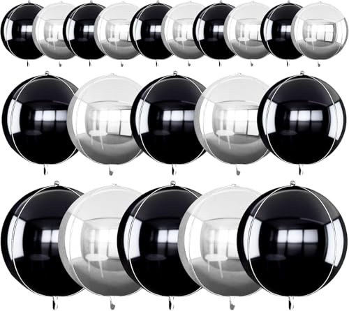 TONIFUL 16 st stora svarta silver 4D enorm rund folie ballong 4D spegel metallisk mylar sephere ballonger för jul nyår födelsedag examen bröllop baby dusch dekoration (blandade storlekar)