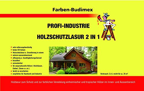 Farben-Budimex Profi Industrie Holzschutzlasur / Farbton Walnuss / 5 L / Holzschutzlasur 2 in 1 , Grundierung u. Lasur in einem, Speziallasur v. Holzfachhandel mit hohem UV-Schutz