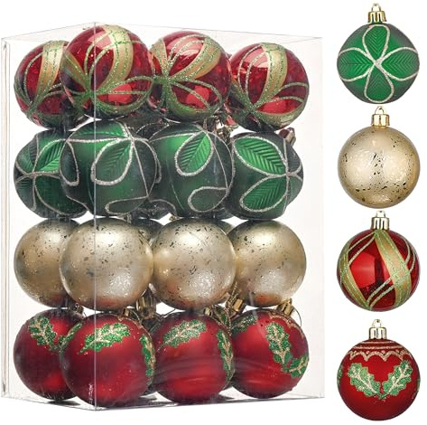 Valery Madelyn Christmas Tree Decorations Set, 24ct Red Green and Gold Shatterproof Christmas Ball Ornaments Bulk, 2.36 Inches Traditional Country Hanging Ornaments for Xmas Decor