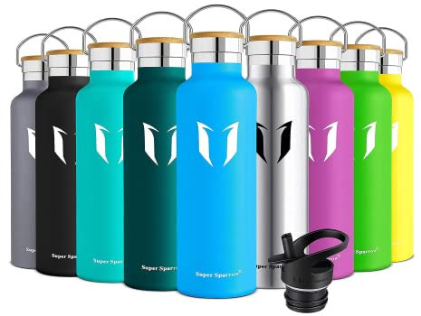 Super Sparrow Water Bottle Stainless Steel - 1000ml - Insulated Metal Water Bottles - Standard Mouth Flask - BPA Free - Straw Bottle for Work, Gym, Sports - 2 Lids