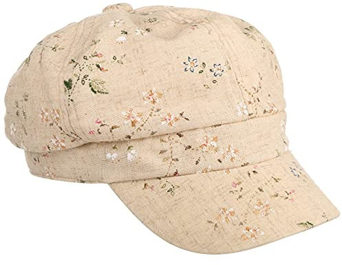 Lipodo Flowers Leinen Ballonmütze Damen Schirmmütze mit Blumenmuster Bakerboy-Mütze mit Stretchband Damencap Frühjahr Sommer beige M (57-58 cm)