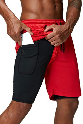 Pinkbomb 2-i-1-löparshorts för män, för gym, träning, snabbtorkande herrshorts med telefonficka, Röd, XL