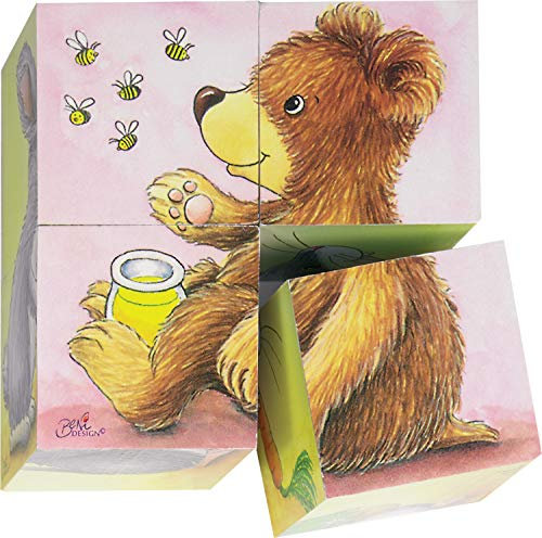 cama24com Würfel-Puzzle Tierkinder mit 4 Teilen und 6 Motiven Holzpuzzle mit Palandi® Sticker