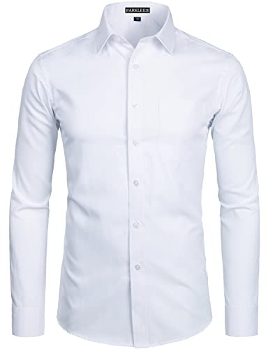 PARKLEES Camicia da uomo a manica lunga, tinta unita, Slim Fit, casual, da lavoro, formale, con bottone e tasca, bianco, M