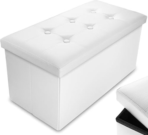 Nyxi Foldable Ottoman Storage Box, 76x38x38cm, 80L Capacity, Faux Leather, Multi-Purpose Seat, Foot Stool, Storage Organizer with Lid for Kids Toys, Bedroom, Hallway, Living Room White