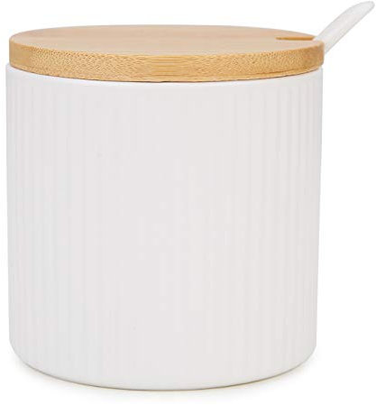Chase Chic Zuccheriera in Ceramica 250 ml, Formaggiera con Coperchio in Legno e Cucchiaino in Porcellana, Ideale per Cucina, Bianca
