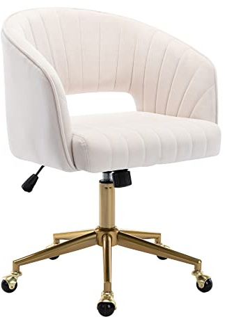 Home Office Chair Swivel Velvet Desk Chair Accent Armchair Upholstered Modern Tufted Chairs with Gold Base for Girls Women Ergonomic Study Seat Computer Task Stools for Living Room(Cream)