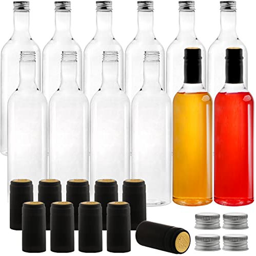 WUWEOT 12 Pack Plastic Wine Bottles Reusable, 750ml Clear Empty Bordeaux-Style Wine Bottles With Screw Lid and Shrink Capsules Caps