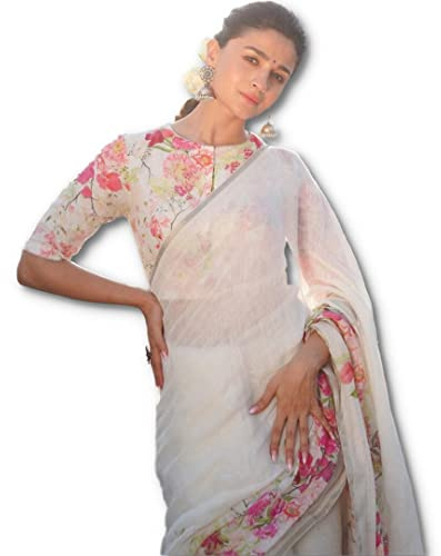 TreegoArt Fashion Saree en lin pur coton imprimé floral numérique pour femmes avec pièce de chemisier non cousue -(Alia White)