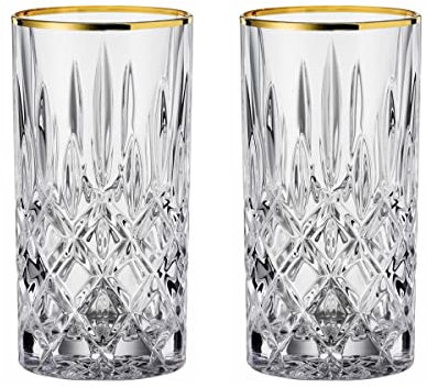 Nachtmann Noblesse 12.7 oz Crystal Glass Drinkware, Set of 2 – 6 Tall Cut Crystal Design with Gold Rim – Lead-Free Elegant Barware for Cocktails, Mixed Drinks, Beverages & Home Entertaining
