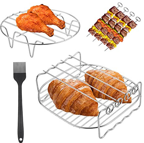Ceboic 2 Piezas Rejilla para Freidora de Aire, Acero Inoxidable Accesorios Freidora de Aire, Multiusos Doble Capa Rejilla de Vapor Rejilla de Horno con 4 Pinchos + 1 Cepillo de Aceite para Hornear